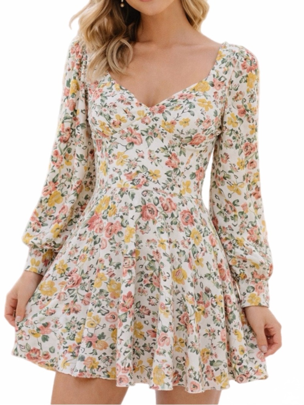 Hello Molly Floral Long Sleeve Mini Dress Cottagecore Romantic Size Medium